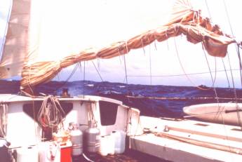 'Spirit of Gaia'- foresail with 4 reefs taken in gale conditions in South Pacific
