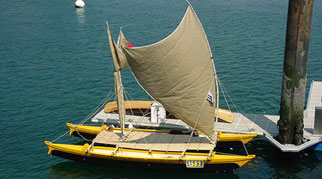 Tahiti Wayfarer double canoe with crabclaw sail up