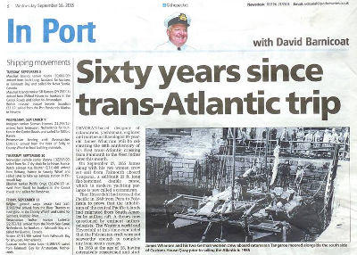 Newspaper article - 60 years since trans-Atlantic trip