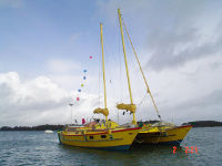 Yellow Tiki 38 on the water