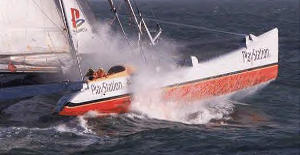 Large racing catamaran at high speed