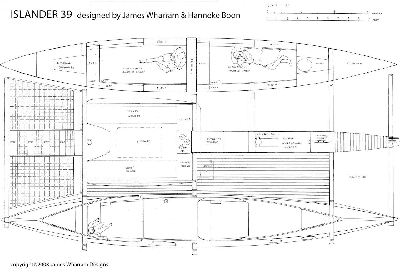 Birds eye view profile of a catamaran, detailing spaces in the boat