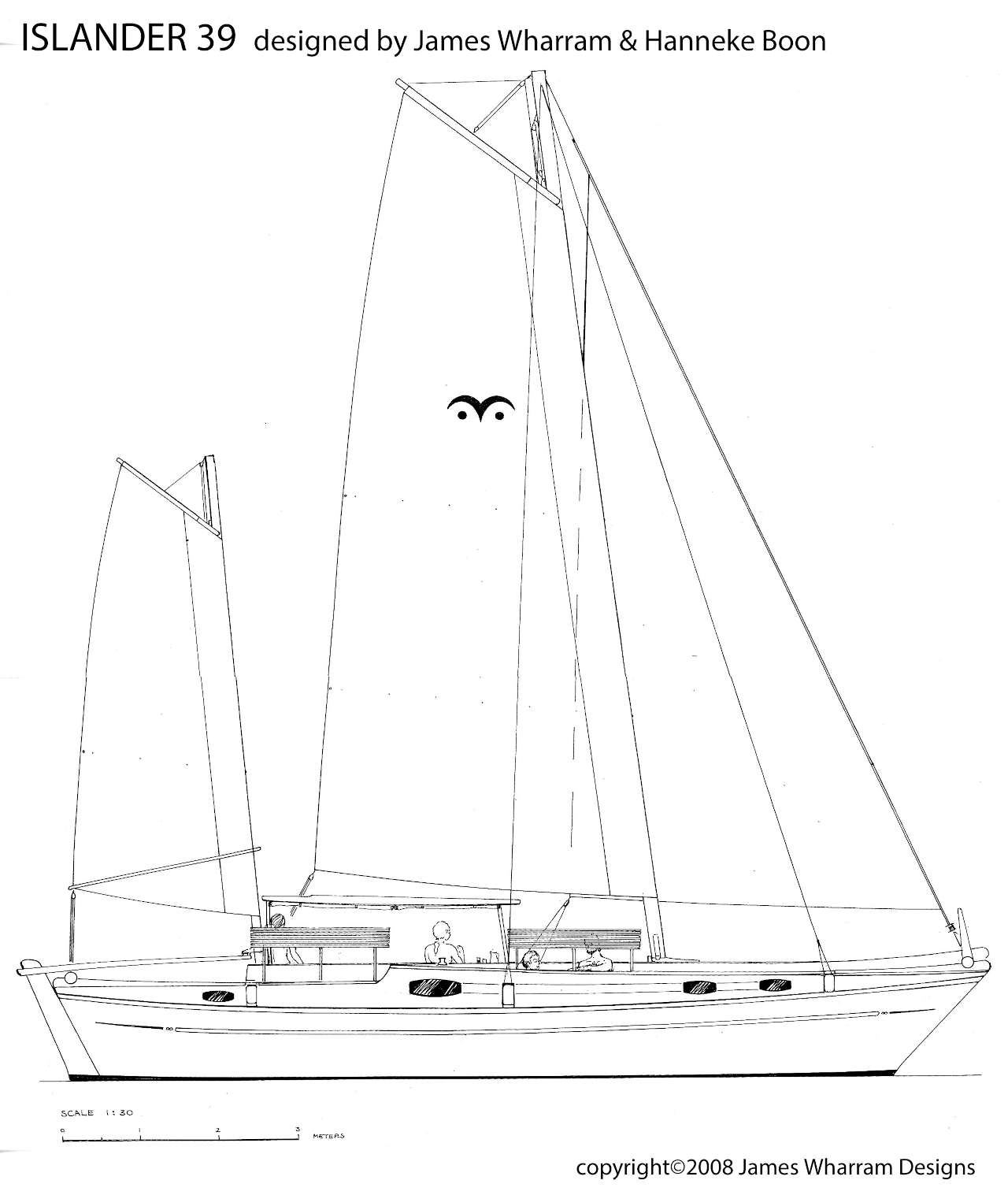 Drawing of a catamaran sail plan, viewed from the side