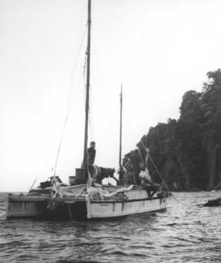 Tangaroa double canoe on the sea