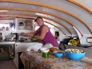 Suzanne preparing lunch in Hecate deckpod