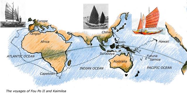 Map showing the voyages of Fou Po II and Kaimiloa
