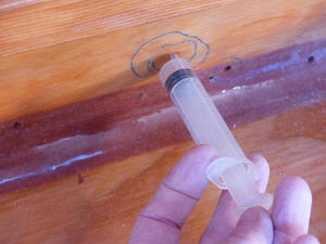 Injecting wood panels with termite killer