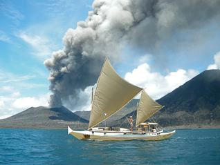 Tama Moana, volcano smoke in background