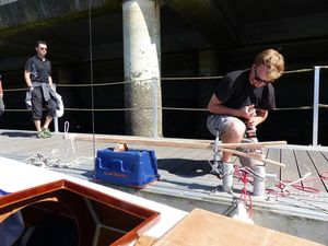Pierre-Yves working on a gaff for Mana, on the pontoon at Brest